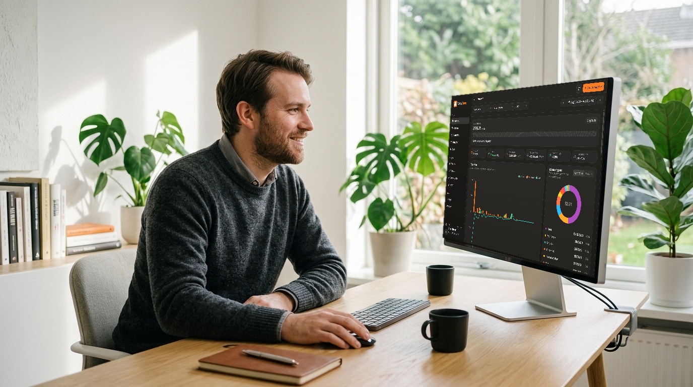 A desk in the morning with the Let's Save dashboard open on a laptop